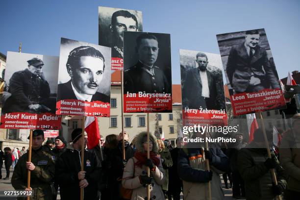 People attend 'Cursed Soldiers' march in Krakow, Poland on 4 March, 2018. The National Remembrance Day of the Cursed Soldiers, in honour of the once...