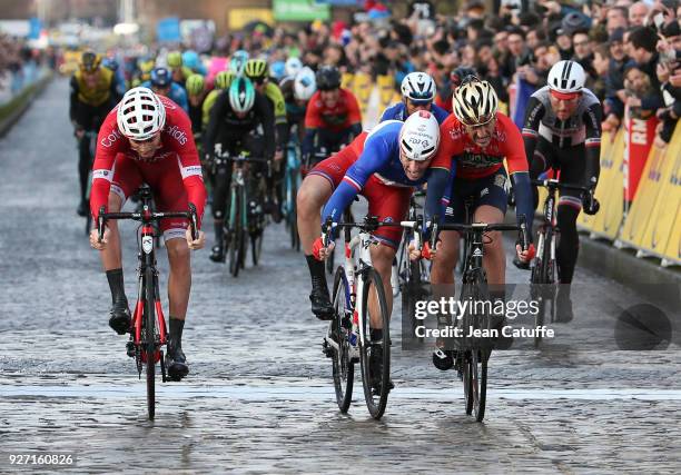 Arnaud Demare of France and FDJ wins in front of Gorka Izagirre of Spain and Team Bahrein Merida and Christophe Laporte of France and Cofidis stage 1...