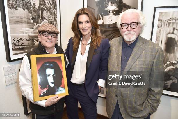 Artist Matthew Rolston, event host supermodel Cindy Crawford, and gallerist David Fahey at Rolston's Hollywood Royale exhibition preview at...