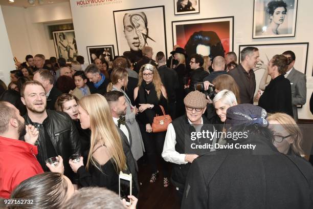 Crowd of guests, artist Matthew Rolston center at Rolston's Hollywood Royale exhibition preview at Fahey/Klein Gallery on March 1, 2018 in Los...