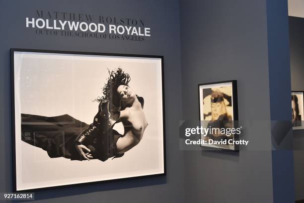 Installation view, featuring Lisa Bonet and Joni Mitchell at Rolston's Hollywood Royale exhibition preview at Fahey/Klein Gallery on March 1, 2018 in...