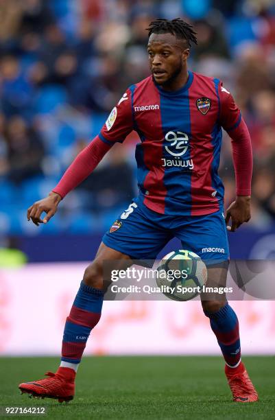 Cheik Doukoure of Levante in action during the La Liga match between Levante and Espanyol at Ciutat de Valencia Stadium on March 4, 2018 in Valencia,...