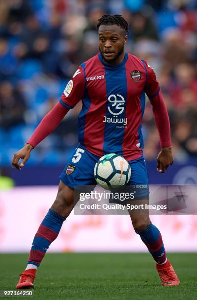 Cheik Doukoure of Levante in action during the La Liga match between Levante and Espanyol at Ciutat de Valencia Stadium on March 4, 2018 in Valencia,...