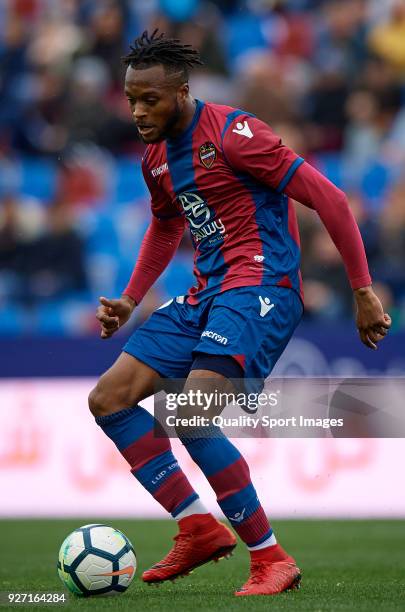 Cheik Doukoure of Levante in action during the La Liga match between Levante and Espanyol at Ciutat de Valencia Stadium on March 4, 2018 in Valencia,...