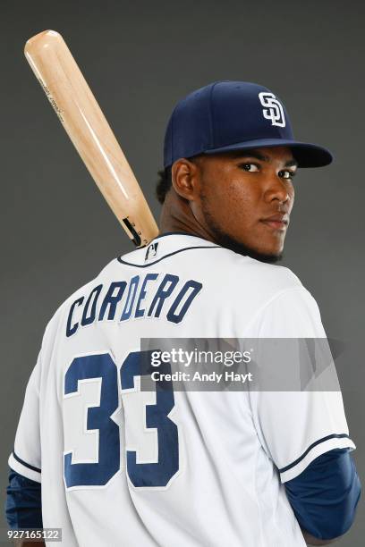 Franchy Cordero of the San Diego Padres poses for a portrait at the Peoria Sports Complex on February 17, 2018 in Peoria, Arizona.