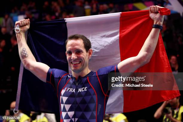 Gold Medallist, Renaud Lavillenie of France celebrates winning the Men's Pole Vault Final during the IAAF World Indoor Championships on Day Four at...