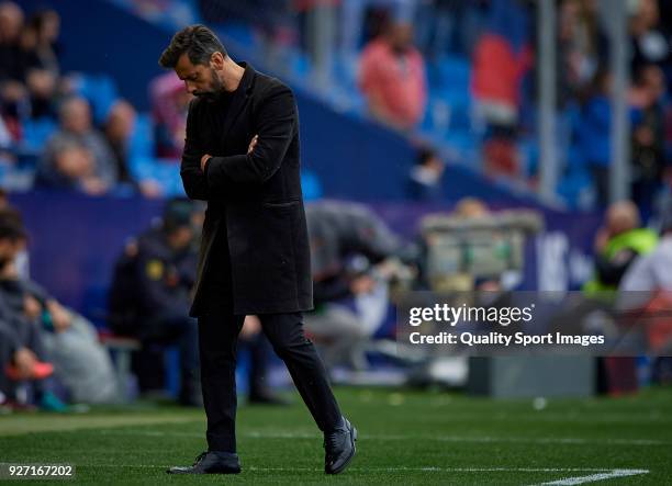 Enrique Sanchez Flores, Manager of RCD Espanyol reacts during the La Liga match between Levante and Espanyol at Ciutat de Valencia Stadium on March...