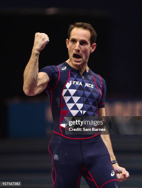 Birmingham , United Kingdom - 4 March 2018; Renaud Lavillenie of France celebrates after winning the Men's Pole Vault on Day Four of the IAAF World...