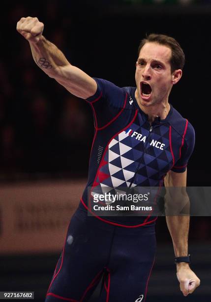 Birmingham , United Kingdom - 4 March 2018; Renaud Lavillenie of France celebrates after winning the Men's Pole Vault on Day Four of the IAAF World...