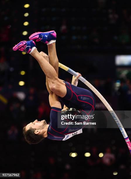 Birmingham , United Kingdom - 4 March 2018; Renaud Lavillenie of France on his way to winning the Men's Pole Vault on Day Four of the IAAF World...