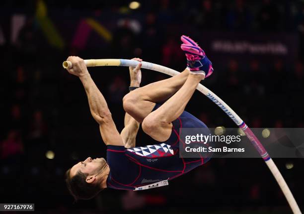 Birmingham , United Kingdom - 4 March 2018; Renaud Lavillenie of France on his way to winning the Men's Pole Vault on Day Four of the IAAF World...