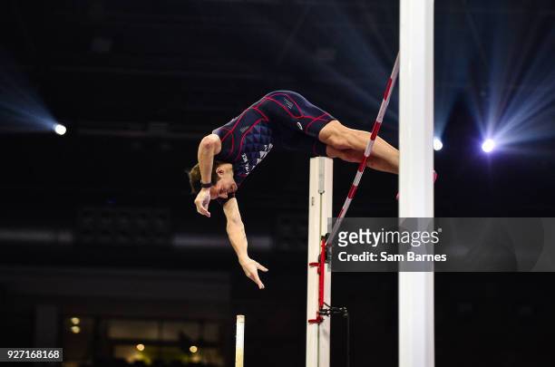 Birmingham , United Kingdom - 4 March 2018; Renaud Lavillenie of France on his way to winning the Men's Pole Vault on Day Four of the IAAF World...