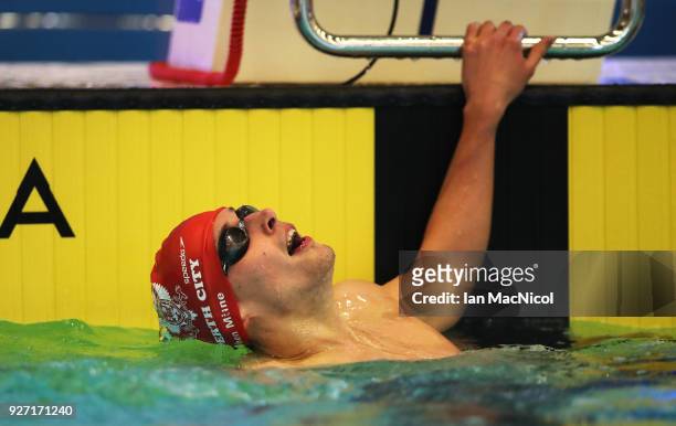 Stephen Milne of Perth City celebrates after he competes in the Men's 200m Freestyle Final during The Edinburgh International Swim meet incorporating...