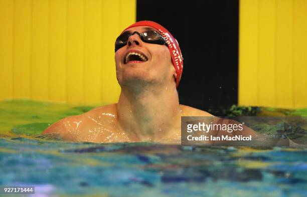 Stephen Milne of Perth City celebrates after he competes in the Men's 200m Freestyle Final during The Edinburgh International Swim meet incorporating...
