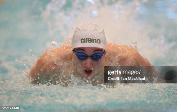 Frederico Burdisso of Mount Kelly competes in the Men's 100m Butterfly Final during The Edinburgh International Swim meet incorporating the British...
