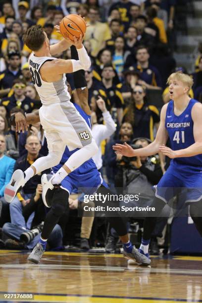 Marquette Golden Eagles guard Andrew Rowsey takes an off balance shot during a game between the Marquette Golden Eagles and the Creighton Blue Jays...