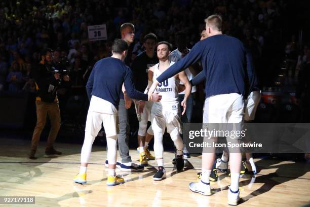 Marquette Golden Eagles guard Andrew Rowsey is introduced as a starter during a game between the Marquette Golden Eagles and the Creighton Blue Jays...