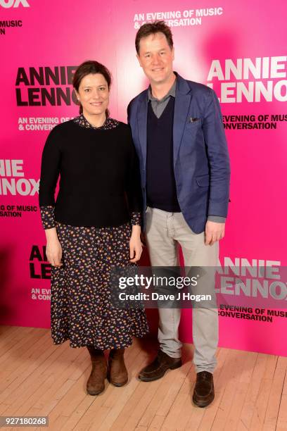 Miriam Gonzalez Durantez and Nick Clegg attend 'Annie Lennox - An Evening of Music and Conversation' at Sadler's Wells Theatre on March 4, 2018 in...