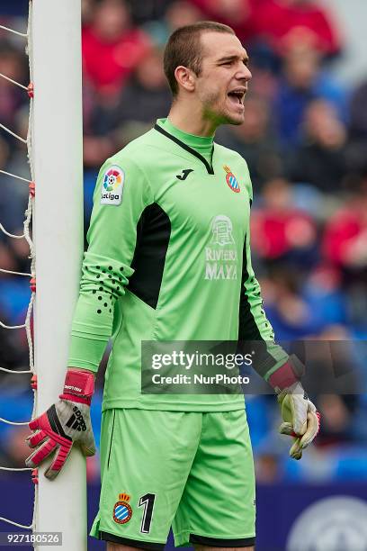 Pau Lopez of RCD Espanyol reacts during the La Liga match between Levante UD and RCD Espanyol at Ciutat de Valencia on March 4, 2018 in Valencia,...