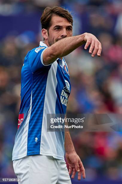 Victor Sanchez of RCD Espanyol reacts during the La Liga match between Levante UD and RCD Espanyol at Ciutat de Valencia on March 4, 2018 in...