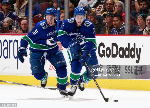 Troy Stecher and Nikolay Goldobin of the Vancouver Canucks skate up ice during their NHL game against the Boston Bruins at Rogers Arena February 17,...