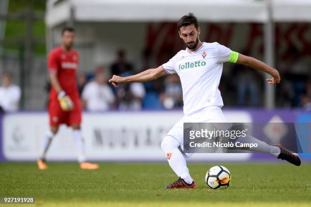 Davide Astori of ACF Fiorentina in action during the pre-season friendly football match between ACF Fiorentina and AC Trento. Italy international...