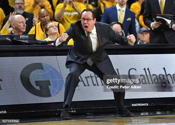 Head coach Gregg Mashall of the Wichita State Shockers calls out instructions during the second half against the Cincinnati Bearcats on March 4, 2018...