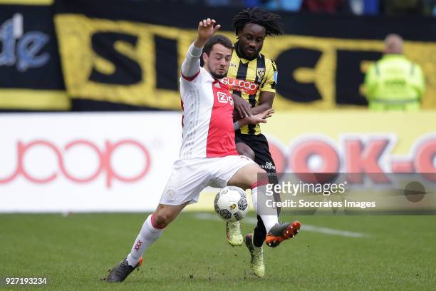 Amin Younes of Ajax, Fankaty Dabo of Vitesse during the Dutch Eredivisie match between Vitesse v Ajax at the GelreDome on March 4, 2018 in Arnhem...