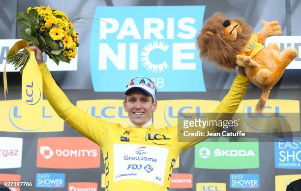 Arnaud Demare of France and FDJ wins stage 1 and wears the first leader's yellow jersey of the 76th Paris-Nice 2018 following stage 1 between Chatou...