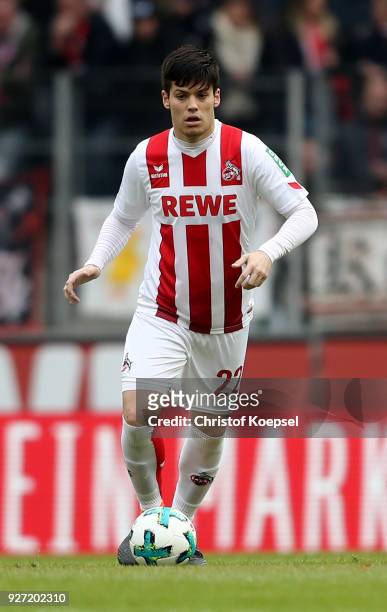 Jorge Mere of Koeln runs with the ball during the Bundesliga match between 1. FC Koeln and VfB Stuttgart at RheinEnergieStadion on March 4, 2018 in...