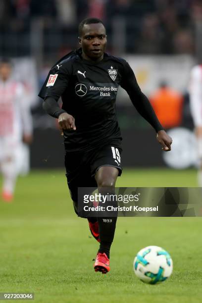 Chadrac Akolo of Stuttgart runs with the ball during the Bundesliga match between 1. FC Koeln and VfB Stuttgart at RheinEnergieStadion on March 4,...