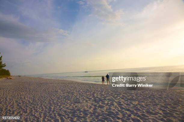 couple on empty captiva beach looking to collect shells at waterline - waterline ストックフォトと画像