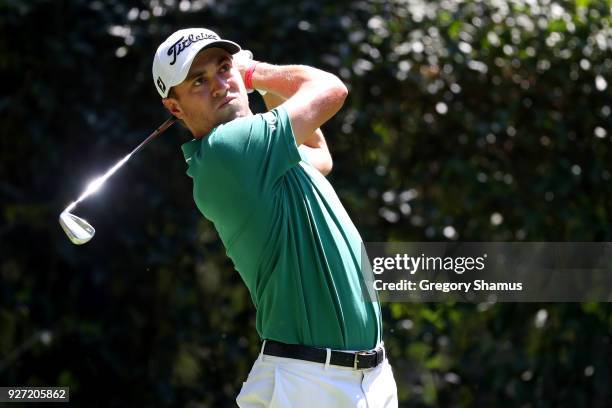 Justin Thomas watches his shot from the third tee during the final round of World Golf Championships-Mexico Championship at Club De Golf Chapultepec...