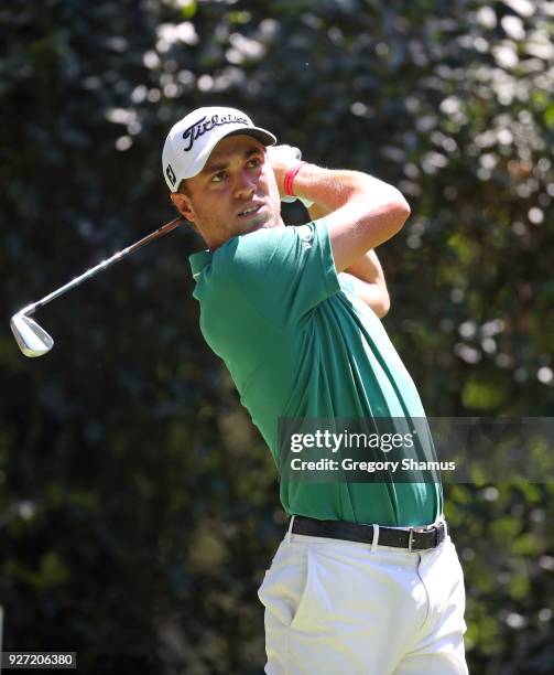 Justin Thomas watches his shot from the third tee during the final round of World Golf Championships-Mexico Championship at Club De Golf Chapultepec...