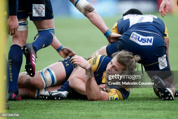 David Denton of Worcester Warriors during the Aviva Premiership match between Worcester Warriors and Leicester Tigers at Sixways Stadium on March 4,...