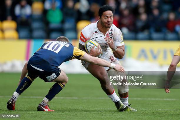 Manu Tuilagi of Leicester Tigers runs with the ball during the Aviva Premiership match between Worcester Warriors and Leicester Tigers at Sixways...