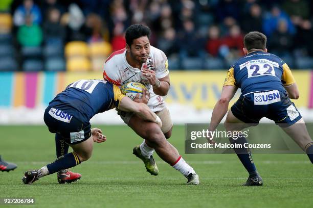 Manu Tuilagi of Leicester Tigers runs with the ball during the Aviva Premiership match between Worcester Warriors and Leicester Tigers at Sixways...