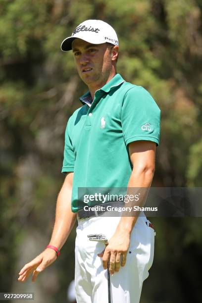 Justin Thomas reacts to a putt on the second green during the final round of World Golf Championships-Mexico Championship at Club De Golf Chapultepec...