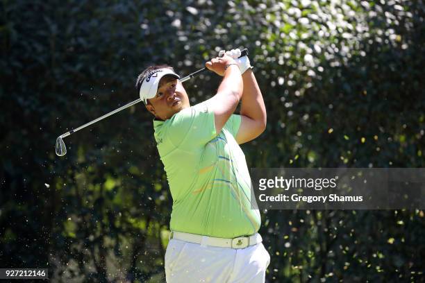 Kiradech Aphibarnrat of Thailand plays his shot from the third tee during the final round of World Golf Championships-Mexico Championship at Club De...