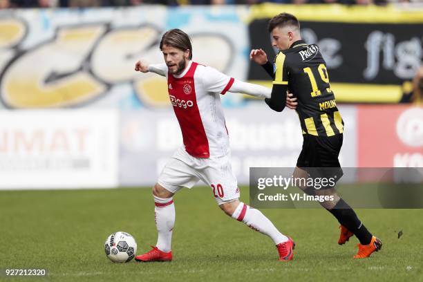 Lasse Schone of Ajax, Mason Mount of Vitesse during the Dutch Eredivisie match between Vitesse Arnhem and Ajax Amsterdam at Gelredome on March 04,...