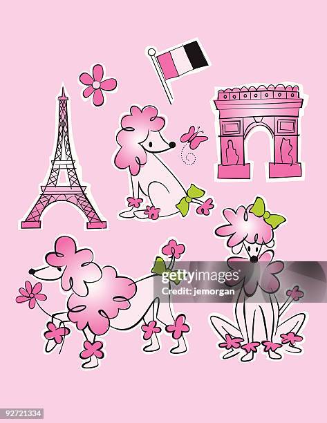 french paris poodle w/ eiffel tower and arc de triomphe - poodle stock illustrations