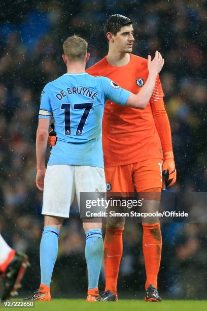 Kevin De Bruyne of Man City greets Chelsea goalkeeper Thibaut Courtois after the Premier League match between Manchester City and Chelsea at the...