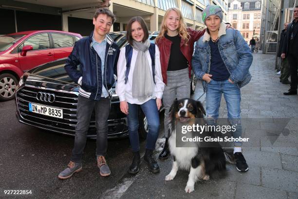 Marinus Hohmann, Allegra Tinnefeld, Amelie Lammers, Ron Antony Renzenbrink and Bobby alias Timmy the dog during the 'Fuenf Freunde und das Tal der...