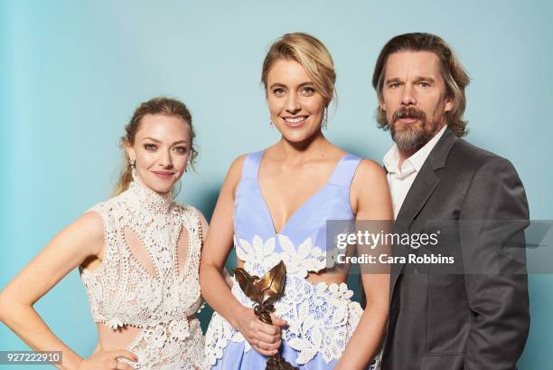 Amanda Seyfried, Winner of Best Winner Greta Gerwig and Ethan Hawke attend the 2018 Film Independent Spirit Awards on March 3, 2018 in Santa Monica,...