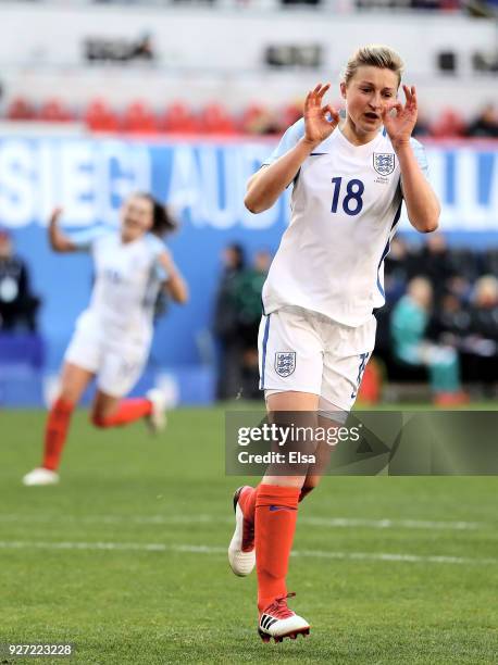 Ellen White of England celebrates her goal in the second half against Germany during the SheBelieves Cup at Red Bull Arena on March 4, 2018 in...