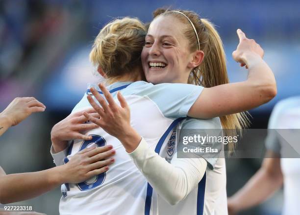 Keira Walsh of England congratulates teammate Ellen White after White scored her second goal of the game against Germany during the SheBelieves Cup...