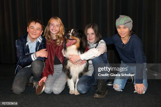 Marinus Hohmann, Amelie Lammers, Allegra Tinnefeld, Ron Antony Renzenbrink and Bobby alias Timmy the dog during the 'Fuenf Freunde und das Tal der...