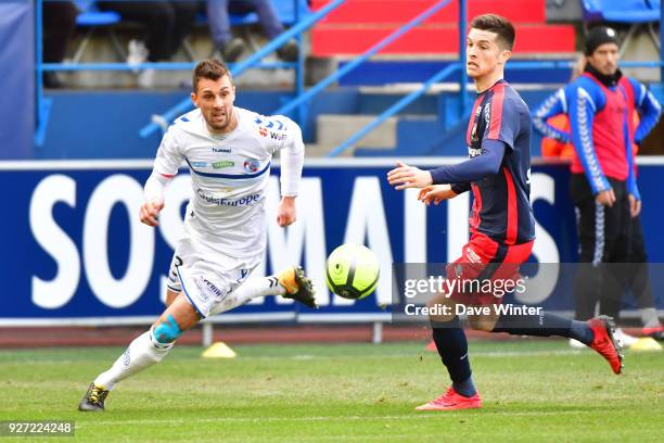 Jeremy Blayac of Strasbourg and Stef Peeters of Caen during the Ligue 1 match between SM Caen and Strasbourg at Stade Michel D'Ornano on March 4,...