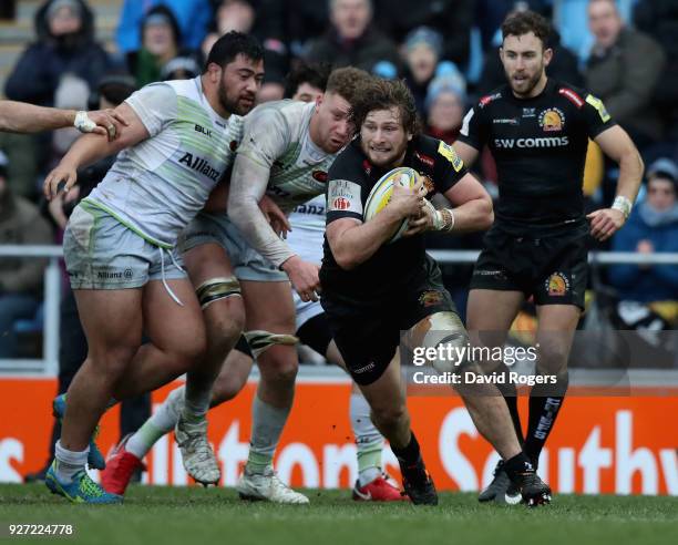 Alec Hepburn of Exeter Chiefs breaks with the ball during the Aviva Premiership match between Exeter Chiefs and Saracens at Sandy Park on March 4,...