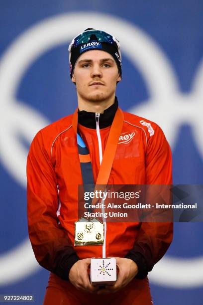 Kristian Ulekleiv of Norway stands on the podium after the men's neo senior 1500 meter final during day 3 of the ISU Junior World Cup Speed Skating...